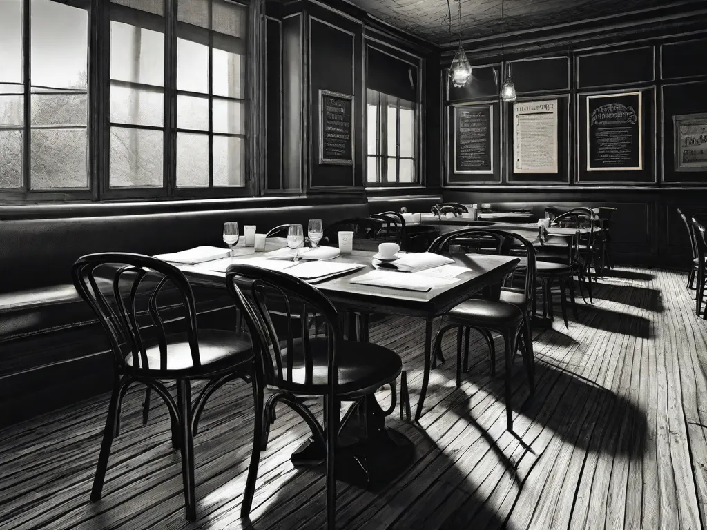 Descrição da imagem: Uma fotografia em preto e branco de um café com pouca iluminação, com mesas e cadeiras vazias. Em primeiro plano, um livro desgastado sobre existencialismo repousa sobre a mesa, suas páginas preenchidas com trechos destacados e anotações escritas à mão. A imagem captura a essência da contemplação intelectual e a busca por significado na literatura.