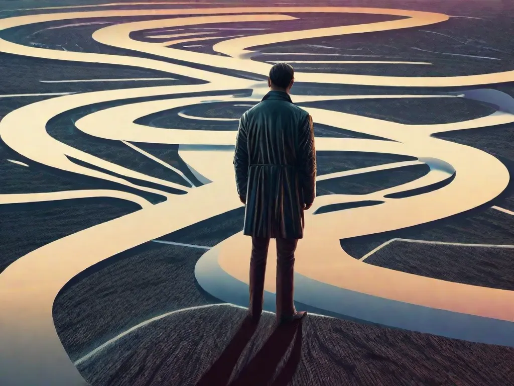 A visão de Philip K. Dick sobre realidades paralelas é retratada em uma imagem onde múltiplas versões da mesma pessoa coexistem em uma paisagem urbana lotada. Cada indivíduo está envolvido em atividades diferentes, representando os caminhos e possibilidades diversas que existem dentro de dimensões paralelas. A imagem captura o senso de mistério e intriga que envolve o conce