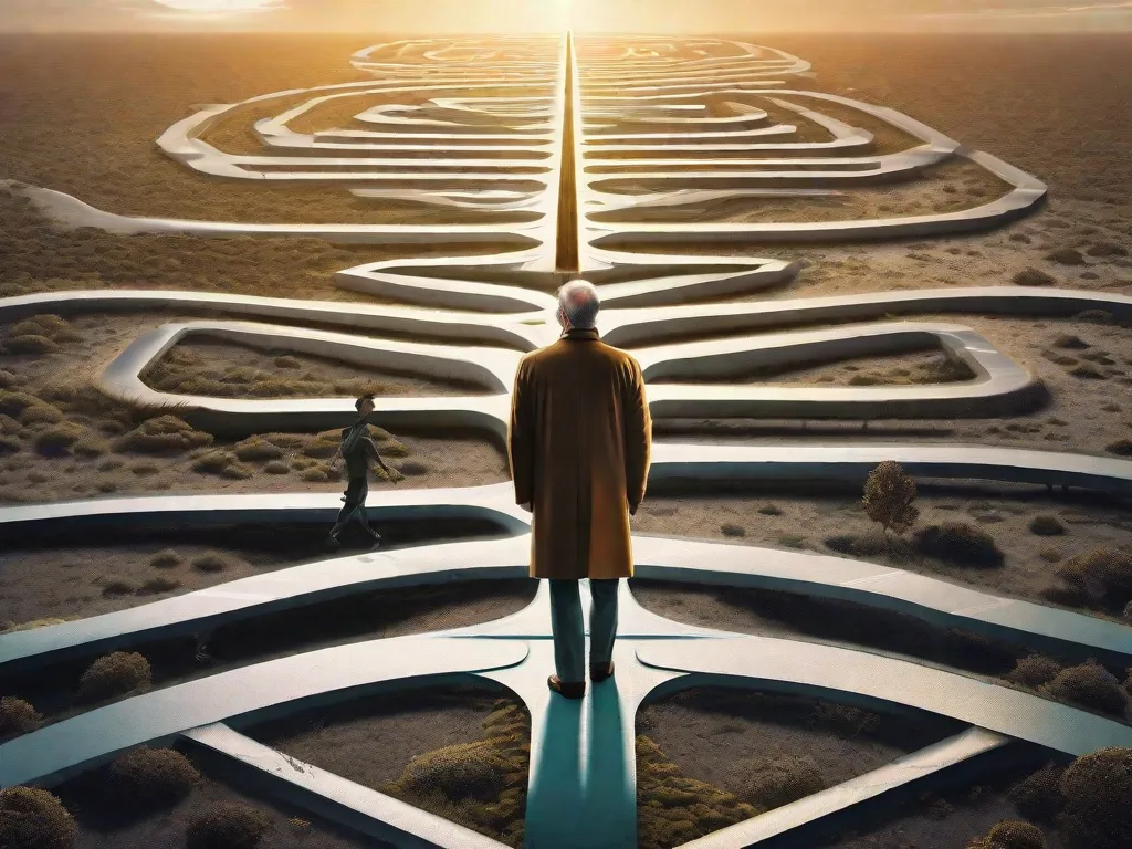 Descrição: Uma imagem de um homem parado em uma encruzilhada, com vários caminhos se ramificando em diferentes direções. Cada caminho representa uma realidade paralela, simbolizando a exploração de Philip K. Dick do conceito. O homem parece estar pensativo, contemplando as infinitas possibilidades e questionando a natureza da existência.