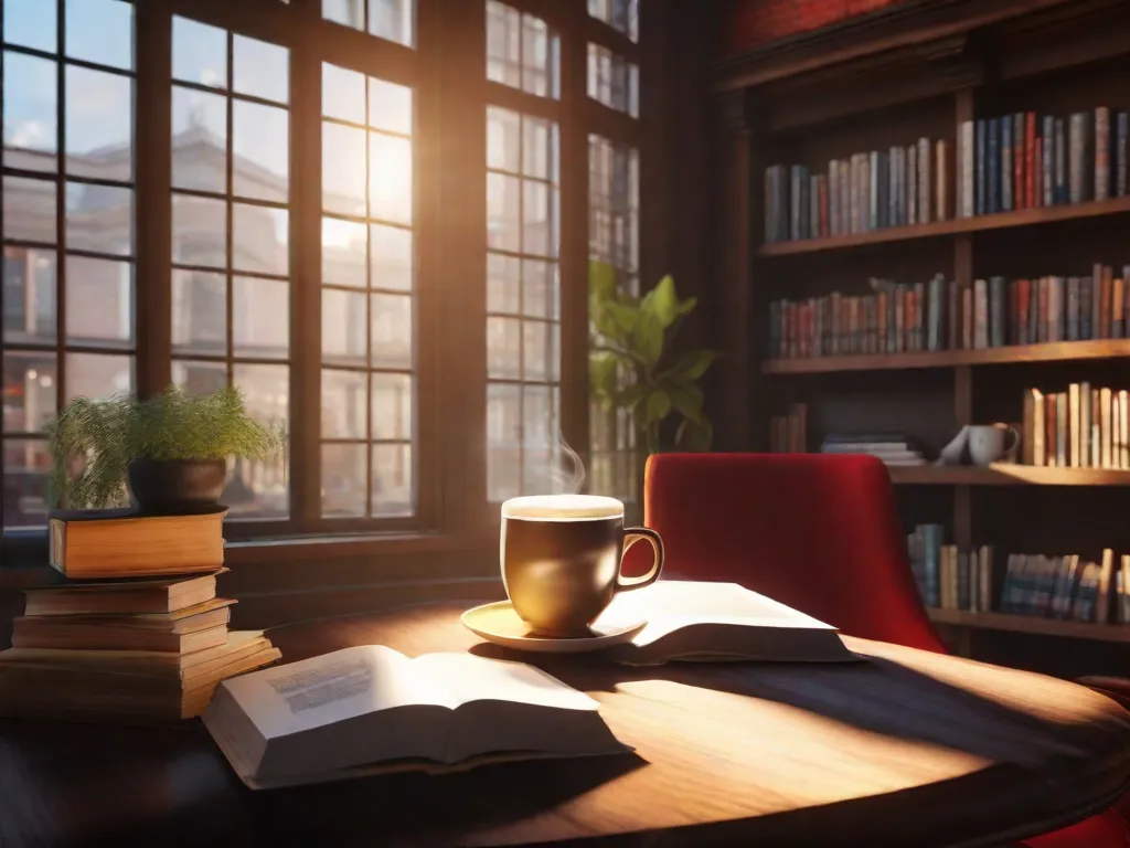 Descrição da imagem: Um cantinho aconchegante em uma cafeteria, com uma xícara de café fumegante em uma mesa ao lado de uma pilha de livros. A luz do sol passa pela janela, iluminando as páginas de um livro aberto, convidando os leitores a mergulharem no mundo da literatura e se envolverem em reflexões literárias contemporâneas.