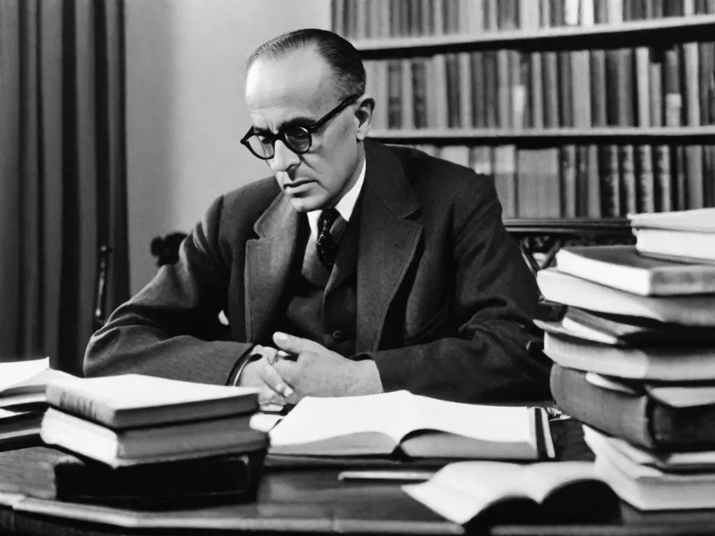 Descrição da imagem: Uma fotografia em preto e branco de Carlos Drummond de Andrade sentado em uma mesa, cercado por livros e papéis. Ele está imerso em pensamentos, seu rosto refletindo o peso de suas palavras. A imagem captura a essência de seu profundo impacto na poesia brasileira, simbolizando sua dedicação, criatividade e contribuição atemporal para a literatura.