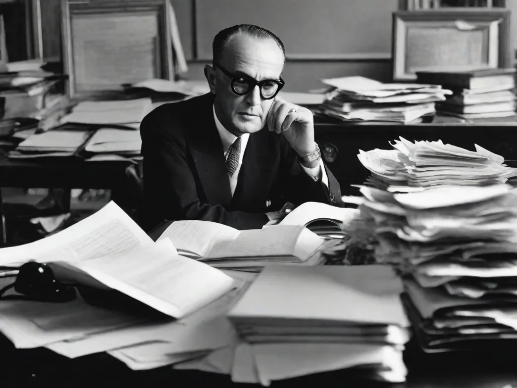 Uma fotografia em preto e branco de Carlos Drummond de Andrade, um renomado poeta brasileiro, sentado em uma mesa com uma máquina de escrever. A imagem captura sua expressão contemplativa enquanto ele olha para o horizonte, cercado por pilhas de papéis amassados e cadernos manchados de tinta, simbolizando as múltiplas facetas de seu gênio poético.