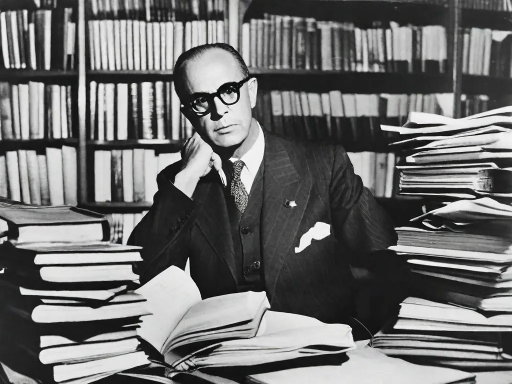 Descrição da imagem: Uma fotografia em preto e branco de Carlos Drummond de Andrade sentado em uma mesa, cercado por pilhas de livros e papéis. Ele está pensativo, caneta na mão, enquanto contempla o poder das palavras e seu impacto na poesia brasileira. A imagem captura sua intensa concentração e a profunda influência que ele teve na formação do cenário literário do Brasil.