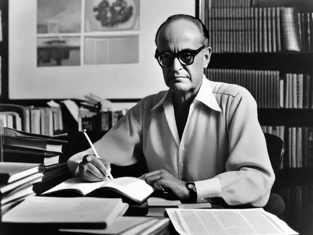 Descrição da imagem: Uma fotografia em preto e branco de Carlos Drummond de Andrade sentado em uma mesa, cercado por livros e papéis. Ele está imerso em pensamentos, seu rosto refletindo o peso de suas palavras. A imagem captura a essência de seu profundo impacto na poesia brasileira, simbolizando sua dedicação, criatividade e contribuição atemporal para a literatura.