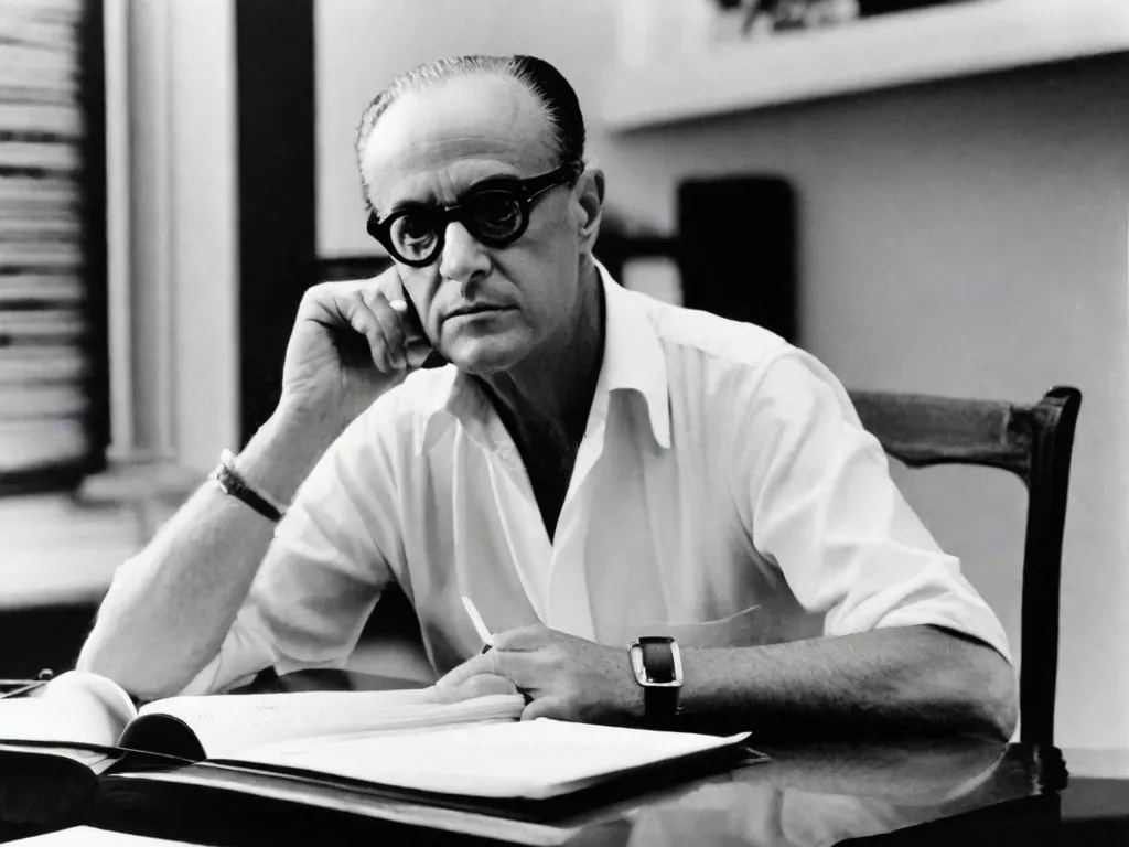 Descrição da imagem: Uma fotografia em preto e branco de Carlos Drummond de Andrade, um renomado poeta brasileiro, é apresentada. Ele está sentado em uma mesa, profundamente pensativo, com uma caneta na mão e uma pilha de papéis na frente dele. A imagem captura a essência de seu profundo impacto na poesia brasileira através de sua introspecção e dedicação à sua arte.