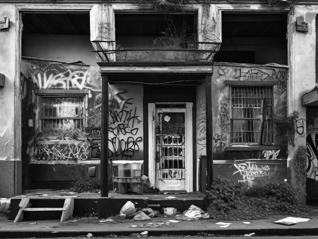 Descrição da imagem:
Uma fotografia em preto e branco de uma casa em ruínas, coberta de grafites e cercada de lixo. As janelas quebradas e as paredes desmoronando simbolizam o declínio da sociedade, enquanto os grafites vibrantes e provocativos representam as vozes daqueles que buscam desafiar as injustiças sociais através da literatura brasileira.