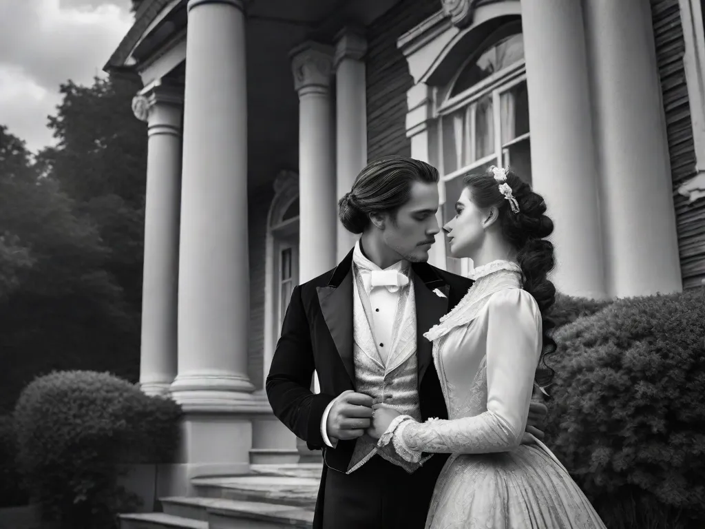 Uma fotografia em preto e branco de um casal vestido elegantemente com trajes vitorianos, em pé na frente de uma grande mansão antiga. Eles estão envolvidos em um abraço apaixonado, seus olhos cheios de desejo e anseio. A imagem captura a essência dos romances históricos, transportando-nos para uma era passada cheia de amor e aventura.