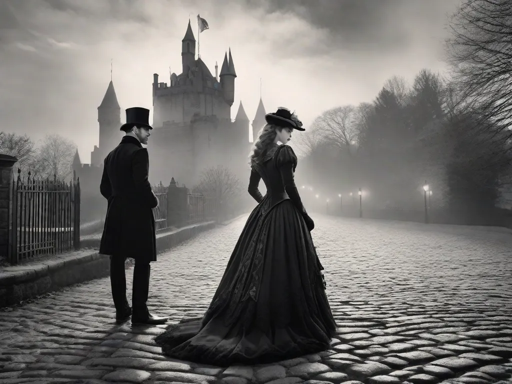 Uma imagem em preto e branco de um casal vestido elegantemente com trajes vitorianos, em pé em uma rua de paralelepípedos, suas mãos entrelaçadas. O homem olha apaixonadamente nos olhos da mulher, enquanto o cenário mostra um castelo histórico envolto em uma névoa suave, nos transportando para uma era passada de amor e intriga.