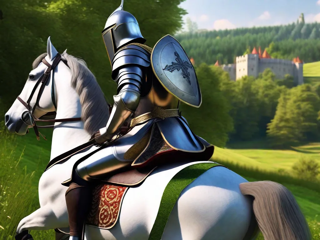 Na era da cavalaria, cavaleiros e seus nobres corcéis embarcavam em aventuras épicas. Imagine um cavaleiro em armadura reluzente em cima de um cavalo majestoso, galopando por prados verdes exuberantes, com um castelo medieval ao fundo. A imagem captura a essência romântica e aventureira da época.