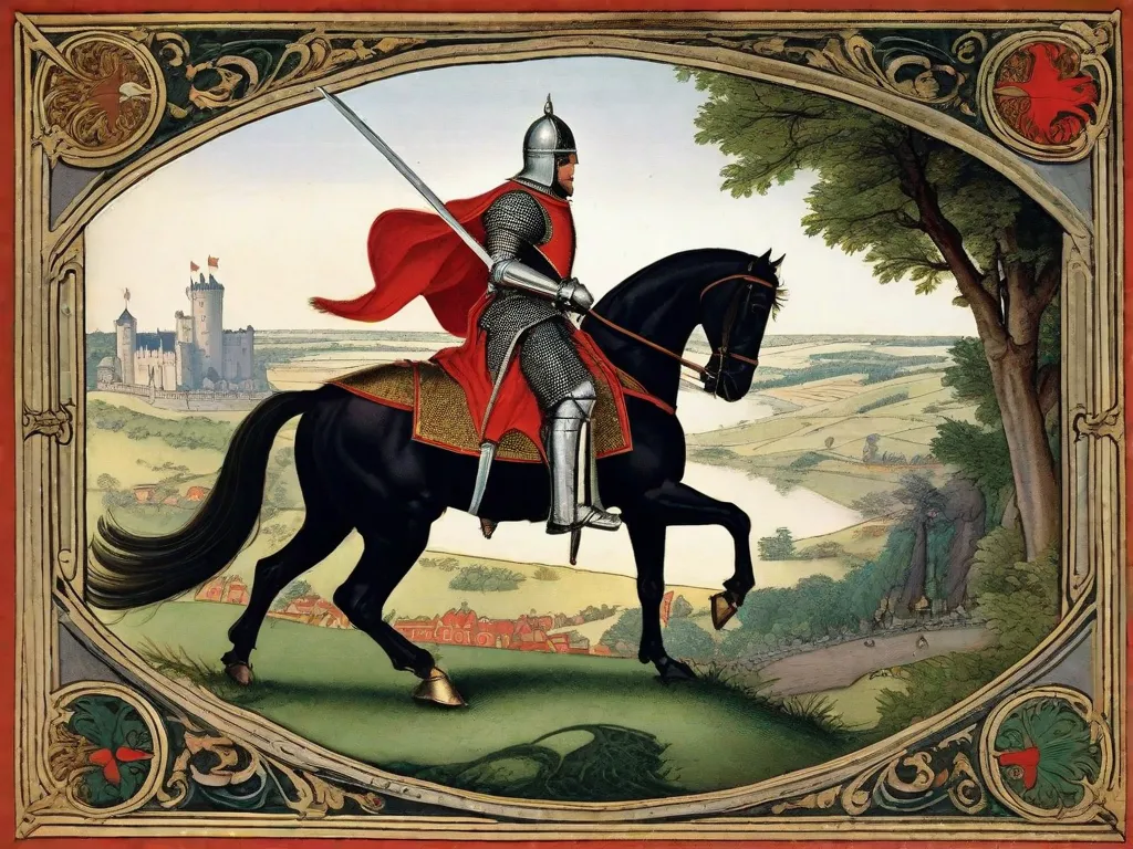 Na imagem, um cavaleiro medieval vestido em uma armadura reluzente é visto no topo de um majestoso cavalo branco, galopando por um campo verdejante. O sol se põe atrás dele, lançando um brilho dourado e caloroso na paisagem. Essa imagem captura a essência da era em que os romances cavalheirescos eram populares, evocando um senso de avent