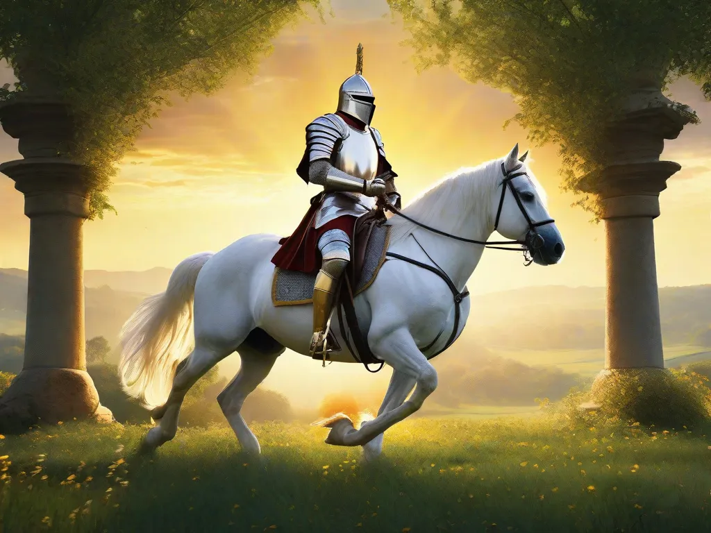 Na imagem, um cavaleiro medieval vestido em uma armadura reluzente é visto no topo de um majestoso cavalo branco, galopando por um campo verdejante. O sol se põe atrás dele, lançando um brilho dourado e caloroso na paisagem. Essa imagem captura a essência da era em que os romances cavalheirescos eram populares, evocando um senso de avent