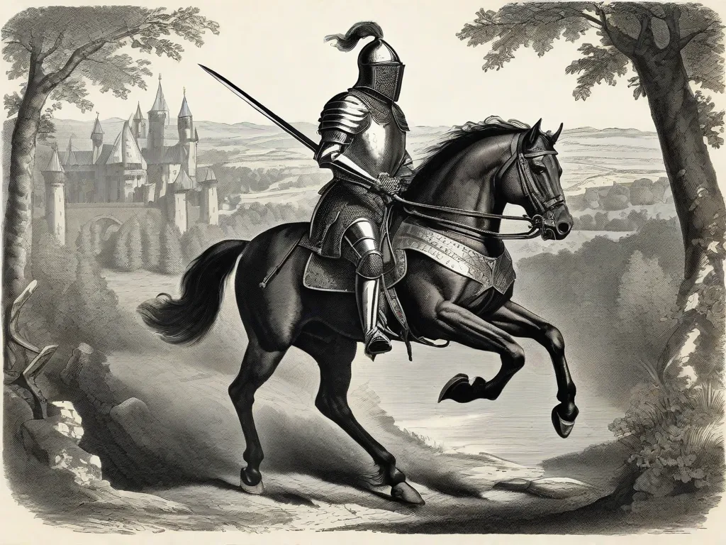Na era medieval, durante os séculos XII e XIII, os romances de cavalaria ganharam popularidade. Cavaleiros adornados com armaduras se envolviam em buscas épicas, batalhas e amor cortês. A imagem retrata um cavaleiro a cavalo, vestido com uma armadura reluzente, empunhando sua espada enquanto avança em uma batalha feroz.