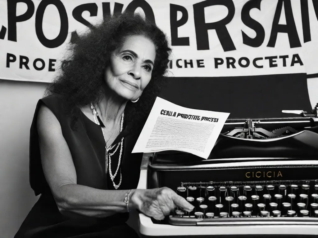 Uma fotografia em preto e branco de Cecília Meireles, uma renomada poetisa brasileira, captura-a em um momento de profunda contemplação. A imagem destaca sua resiliência e determinação enquanto ela usa suas palavras para protestar contra o regime opressor durante a era Vargas.