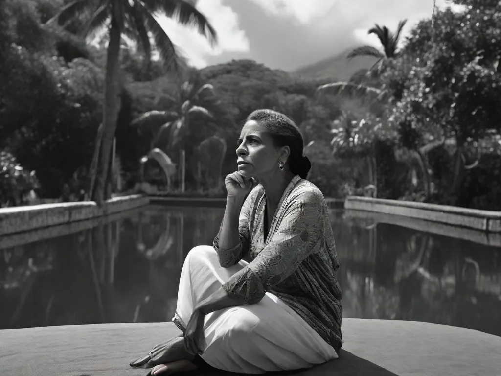 Uma fotografia em preto e branco de Cecília Meireles, uma renomada poetisa brasileira, captura-a em um momento de profunda contemplação. A imagem destaca sua resiliência e determinação enquanto ela usa suas palavras para protestar contra o regime opressor durante a era Vargas.
