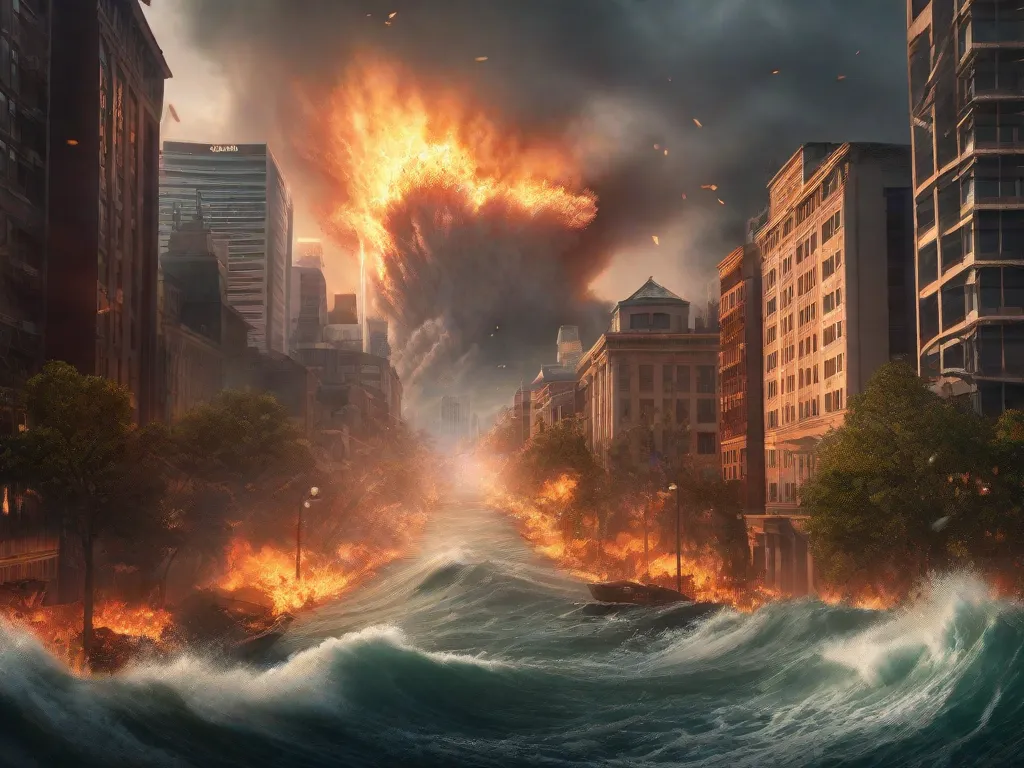 Uma imagem dramática retrata uma linha do horizonte da cidade envolta em chamas, enquanto ondas gigantes batem contra os prédios. O caos e a destruição causados por desastres naturais são retratados vividamente, capturando o poder bruto da natureza e a resiliência da humanidade diante da adversidade.
