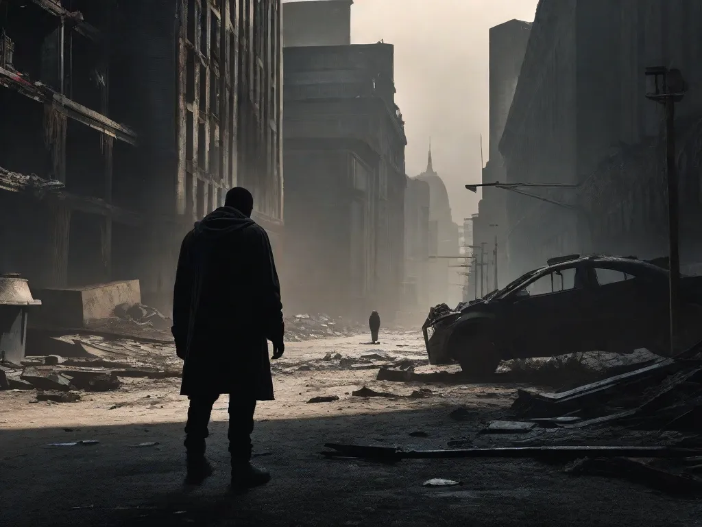 Descrição da imagem: Um cenário urbano sombrio e desolado se destaca ao fundo, com prédios imponentes cobertos por camadas de sujeira e deterioração. Em primeiro plano, uma figura solitária está em pé, sua silhueta destacando seu isolamento e desespero. A imagem captura o contraste entre a sociedade opressiva e a luta individual por liberdade e significado.