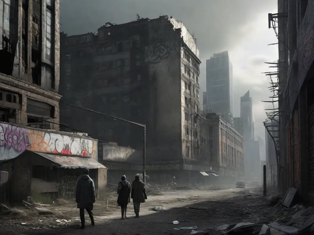 Descrição da imagem: Uma paisagem urbana desolada se estende diante de nós, com prédios altos que estão desmoronando e cobertos de graffiti. O céu acima é uma tonalidade turva de cinza, refletindo a tristeza da cena. Pessoas vestindo roupas esfarrapadas caminham sem rumo pelas ruas, seus rostos cheios de desespero.