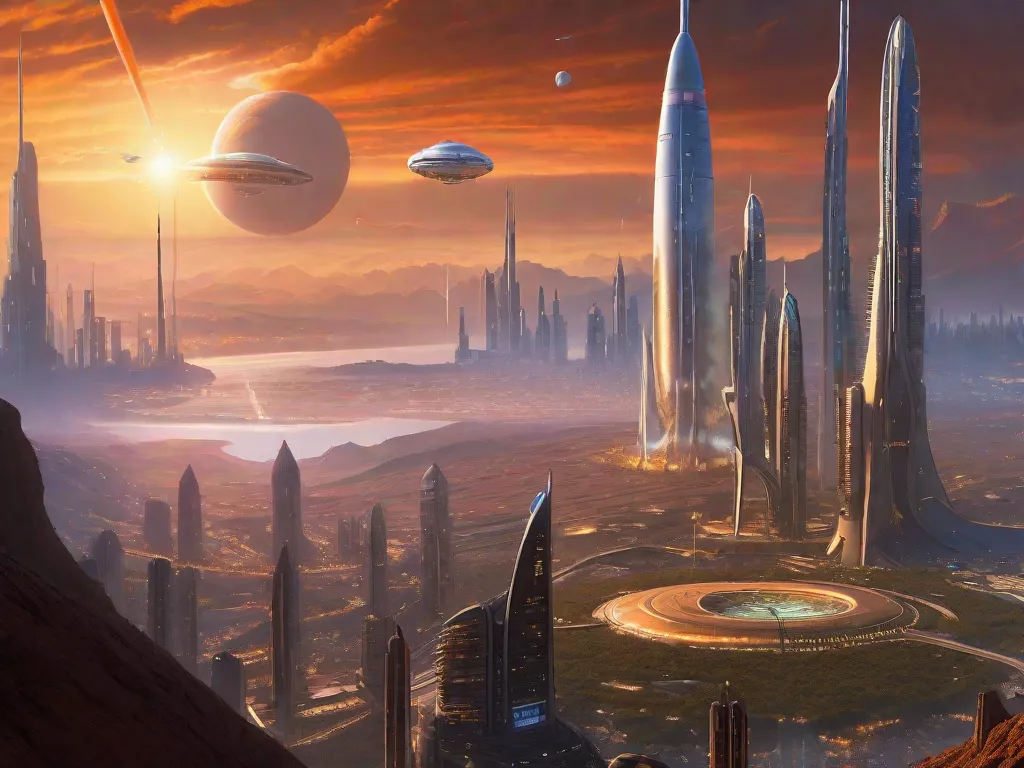 Descrição da imagem:
Uma ilustração impressionante retratando uma vasta paisagem urbana futurista em um planeta alienígena. Arranha-céus imponentes se elevam em direção ao céu, com naves espaciais elegantes voando pelo ar. A cena é banhada por uma luz quente e extraterrestre, destacando o legado visionário da ficção científica espacial de Arthur