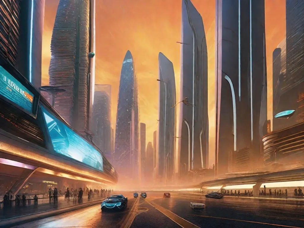 Em uma paisagem urbana futurista, arranha-céus imponentes se estendem em direção ao céu, seus designs elegantes se mesclam perfeitamente com a tecnologia avançada que os rodeia. Veículos flutuantes deslizam pelo ar, enquanto painéis holográficos exibem anúncios de experiências de realidade virtual. Essa imagem captura a essência da influência de