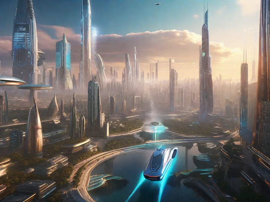 Um cenário futurista emerge da névoa, com arranha-céus imponentes adornados com painéis holográficos e veículos voadores elegantes zumbindo pelo ar. Tecnologia avançada se entrelaça com a natureza, enquanto jardins verdes exuberantes e fazendas verticais prosperam no meio da paisagem urbana. As possibilidades de um futuro diferente aguardam.