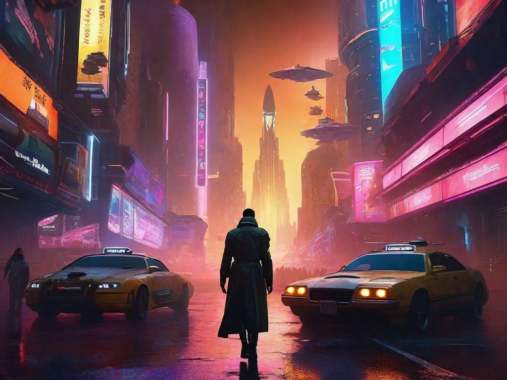 Uma imagem de uma paisagem urbana futurista, com arranha-céus imponentes iluminados por luzes de neon. Uma figura solitária, vestindo um sobretudo e aprimoramentos cibernéticos, caminha pelas ruas lotadas, cercado por anúncios holográficos e veículos voadores. A imagem captura a essência do gênero cyberpunk, mesclando tecnologia avan