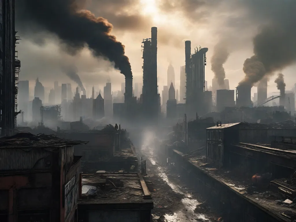 Descrição da imagem: Uma paisagem urbana desolada se estende diante de nós, com prédios altos que estão desmoronando e cobertos de graffiti. O céu acima é uma tonalidade turva de cinza, refletindo a tristeza da cena. Pessoas vestindo roupas esfarrapadas caminham sem rumo pelas ruas, seus rostos cheios de desespero.