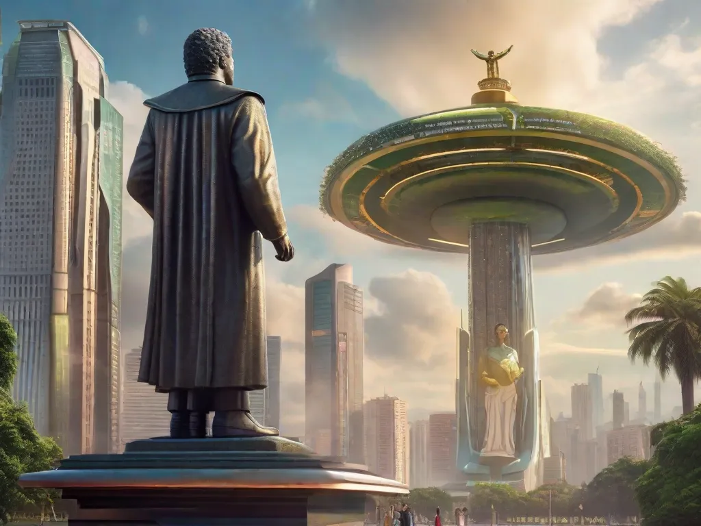 A imagem retrata uma paisagem urbana futurista com arranha-céus imponentes adornados com vibrantes luzes de neon. Naves espaciais voam pelo céu, enquanto tecnologia avançada e robôs se integram perfeitamente à vida cotidiana. Em primeiro plano, um grupo de diversos autores brasileiros de ficção científica está orgulhosamente em pé, segurando seus romances aclam