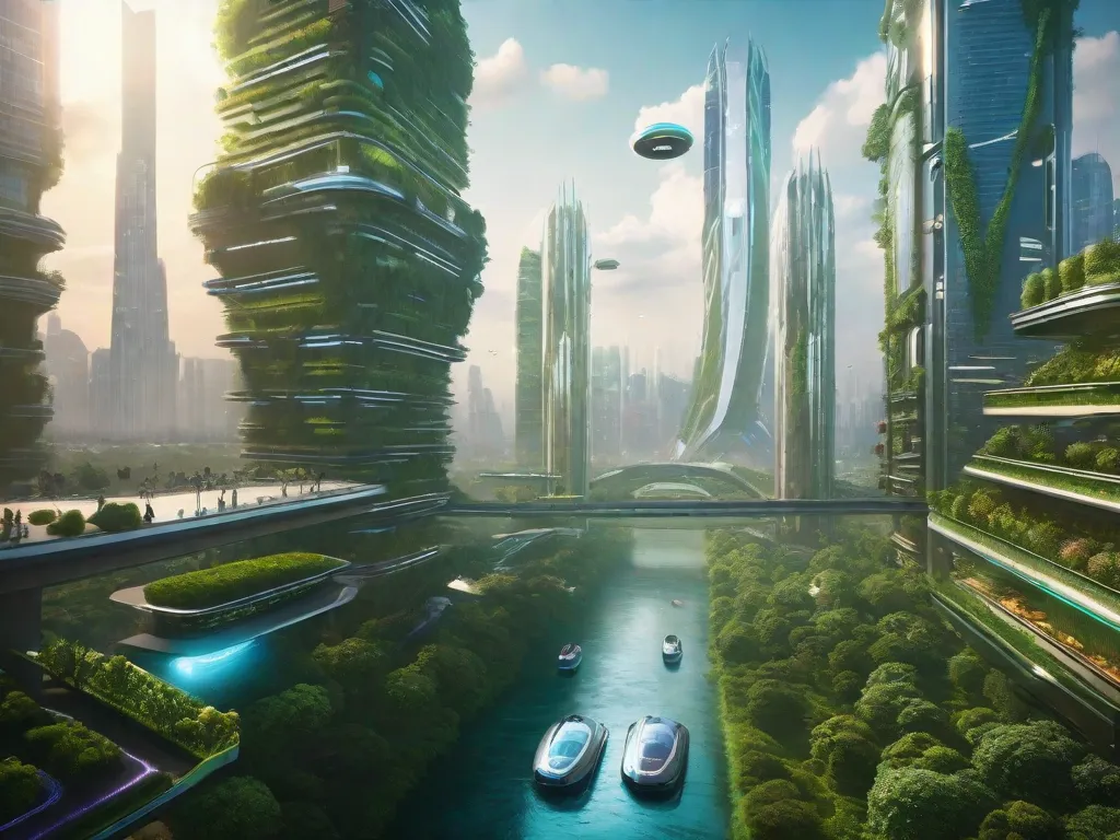 Um cenário futurista emerge da névoa, com arranha-céus imponentes adornados com painéis holográficos e veículos voadores elegantes zumbindo pelo ar. Tecnologia avançada se entrelaça com a natureza, enquanto jardins verdes exuberantes e fazendas verticais prosperam no meio da paisagem urbana. As possibilidades de um futuro diferente aguardam.