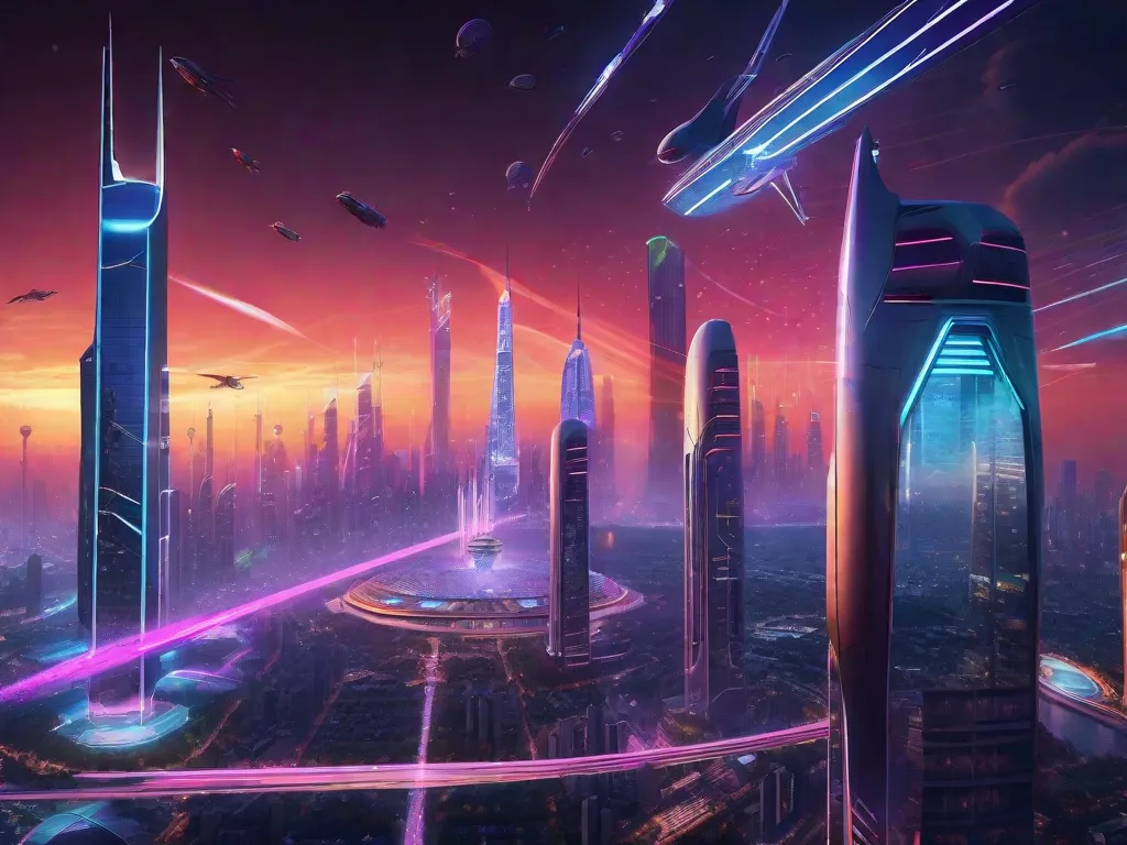 Descrição da imagem: Uma paisagem urbana futurista iluminada por luzes de neon, com arranha-céus imponentes e veículos voadores zumbindo pelo ar. A cidade está cheia de pessoas usando dispositivos de tecnologia avançada, mostrando um mundo onde a tecnologia e a inteligência artificial se integraram perfeitamente à vida cotidiana. A imagem representa a visão profética de