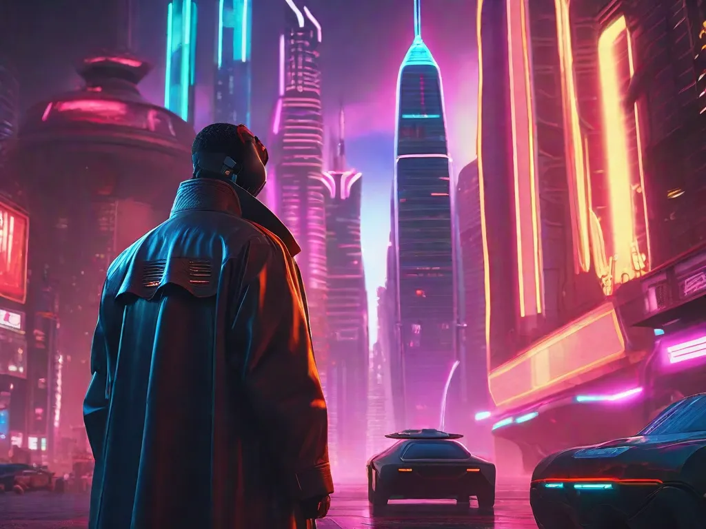 Uma paisagem urbana futurista iluminada por luzes de neon e arranha-céus imponentes, com carros voadores zumbindo pelo ar. Uma figura solitária, vestindo um sobretudo e com implantes cibernéticos, fica à beira, contemplando a metrópole tecnologicamente avançada, simbolizando o fascínio e os mistérios do gênero literário cyberpunk.