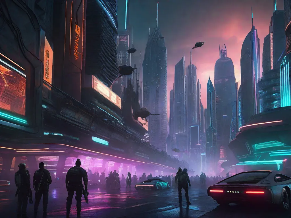 Uma paisagem urbana futurista iluminada por luzes de neon e arranha-céus imponentes, com carros voadores zumbindo pelo ar. Uma figura solitária, vestindo um sobretudo e com implantes cibernéticos, fica à beira, contemplando a metrópole tecnologicamente avançada, simbolizando o fascínio e os mistérios do gênero literário cyberpunk.