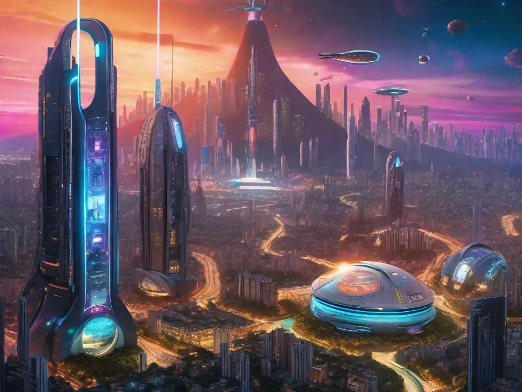 A imagem retrata uma paisagem urbana futurista com arranha-céus imponentes adornados com vibrantes luzes de neon. Naves espaciais voam pelo céu, enquanto tecnologia avançada e robôs se integram perfeitamente à vida cotidiana. Em primeiro plano, um grupo de diversos autores brasileiros de ficção científica está orgulhosamente em pé, segurando seus romances aclam