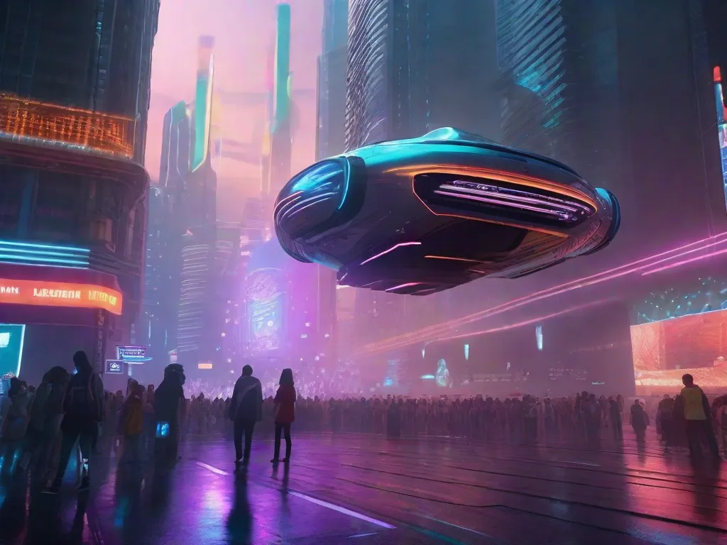 Uma paisagem urbana futurista emerge da névoa, com arranha-céus imponentes adornados com anúncios holográficos. Carros voadores zoomam pelo ar, enquanto robôs elegantes interagem com as pessoas nas ruas. A cena é iluminada por vibrantes luzes de néon, criando uma visão hipnotizante de um futuro possível.