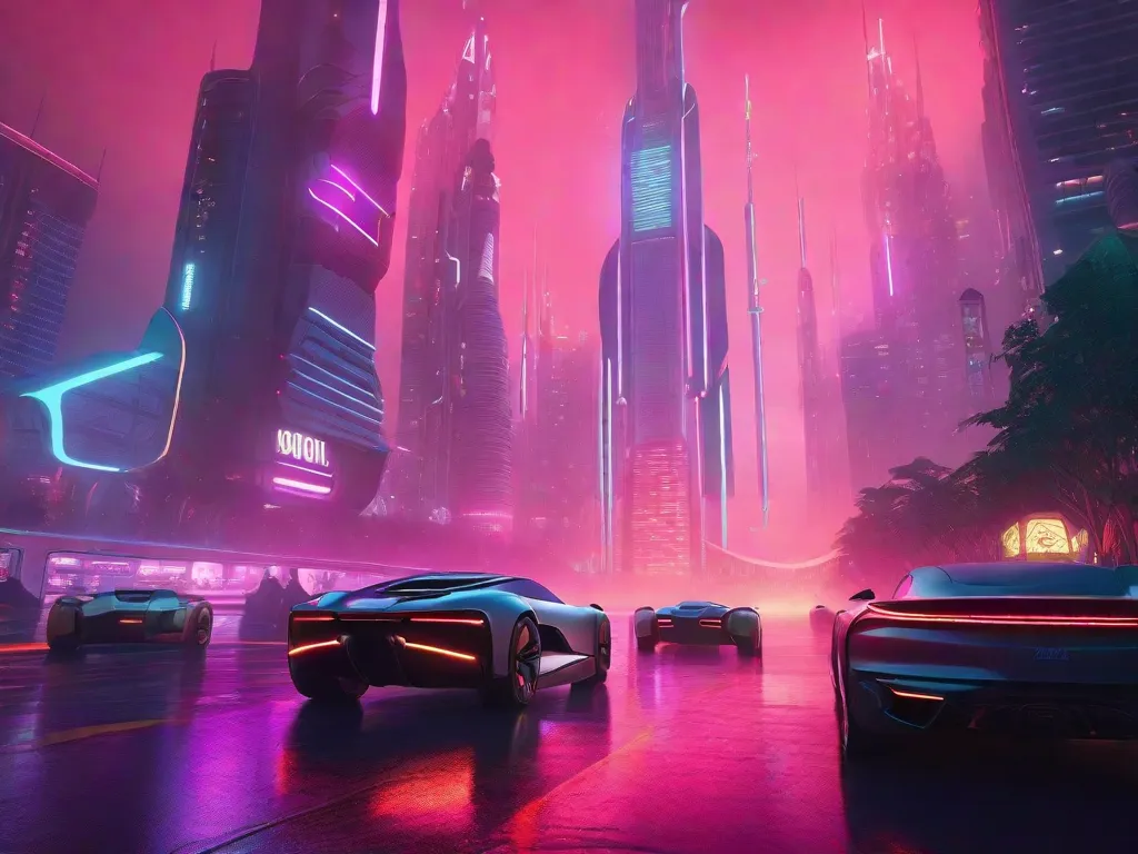 Uma paisagem urbana futurista emerge da névoa, com arranha-céus imponentes se estendendo em direção ao céu. Carros voadores zumbem pelo ar, enquanto robôs elegantes e de alta tecnologia caminham ao lado dos humanos. A cena é banhada por um brilho neon, retratando um mundo onde tecnologia e imaginação se fundiram para criar uma visão impression