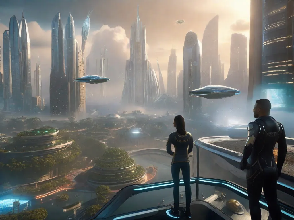 Uma paisagem urbana futurista emerge da névoa, adornada por arranha-céus imponentes e veículos voadores elegantes. No primeiro plano, um grupo de personagens diversos, vestidos com trajes futuristas, envolvem-se em discussões animadas sobre os mais recentes romances brasileiros de ficção científica inovadores e seus autores visionários.