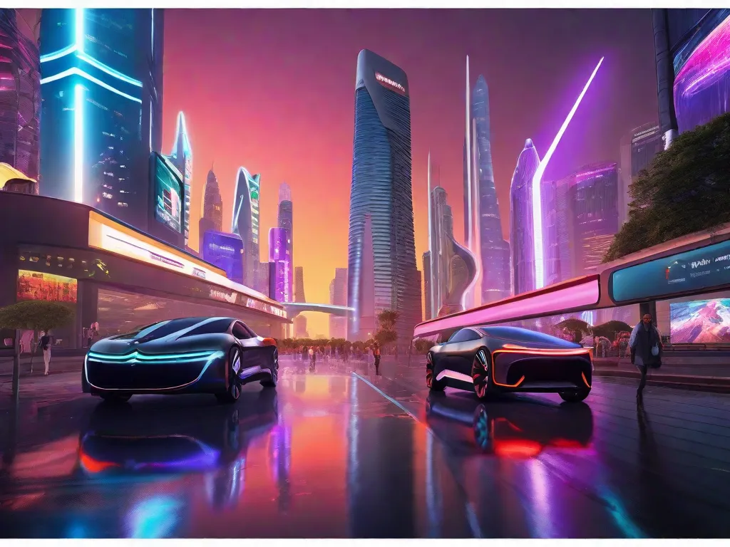 Descrição da imagem: Uma paisagem urbana futurista à noite, iluminada por luzes de néon e arranha-céus imponentes. As ruas estão cheias de carros autônomos e drones, enquanto anúncios holográficos projetam imagens de produtos de consumo. Pessoas com roupas elegantes e tecnológicas caminham confiantemente, absortas em seus headsets de realidade
