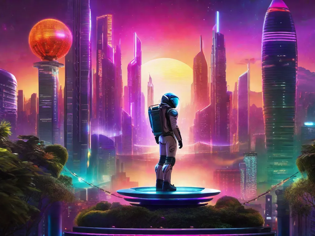 Uma capa de livro vibrante apresentando uma paisagem urbana futurista, com arranha-céus imponentes adornados com luzes de néon. Em primeiro plano, uma figura enigmática em um traje espacial está de pé, segurando uma esfera brilhante que emite uma energia pulsante. A imagem captura a essência da ficção científica brasileira, mesclando tecnologia, imagina