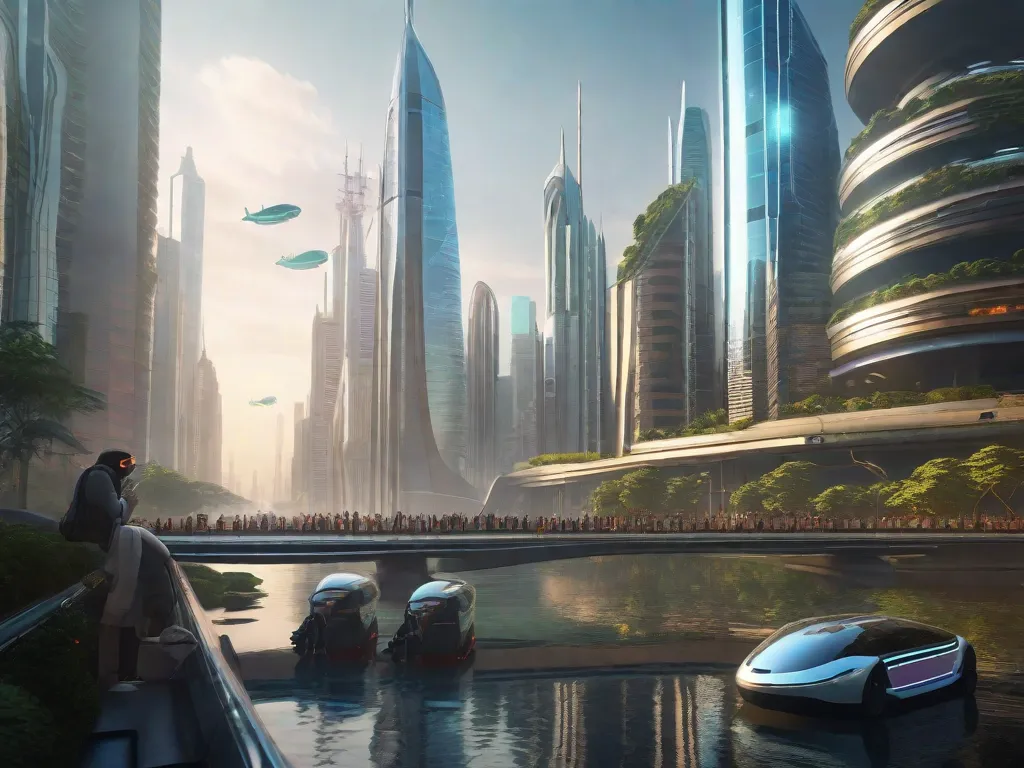 Descrição da imagem: Uma paisagem urbana futurista à noite, iluminada por luzes de néon e arranha-céus imponentes. As ruas estão cheias de carros autônomos e drones, enquanto anúncios holográficos projetam imagens de produtos de consumo. Pessoas com roupas elegantes e tecnológicas caminham confiantemente, absortas em seus headsets de realidade