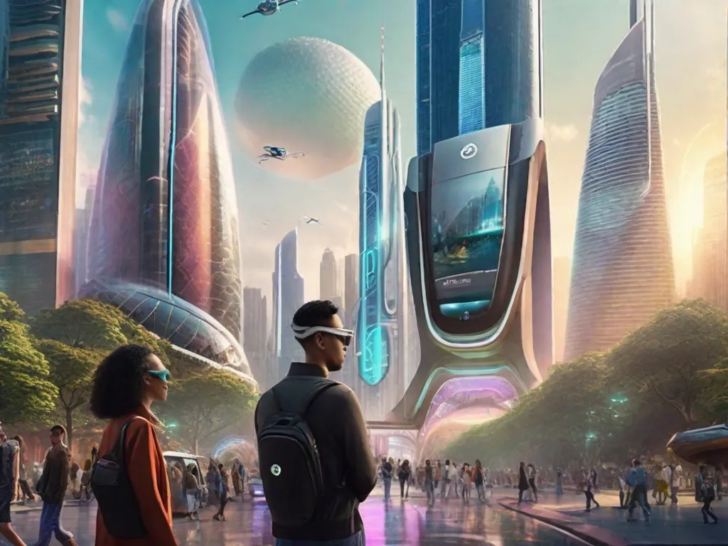 A imagem retrata uma cidade futurista com arranha-céus imponentes, sistemas de transporte elegantes e tecnologia avançada integrada perfeitamente à vida cotidiana. Pessoas são vistas realizando suas rotinas diárias, usando óculos de realidade aumentada e interagindo com displays holográficos. Essa imagem captura a essência de uma sociedade que foi moldada pelas previsões de