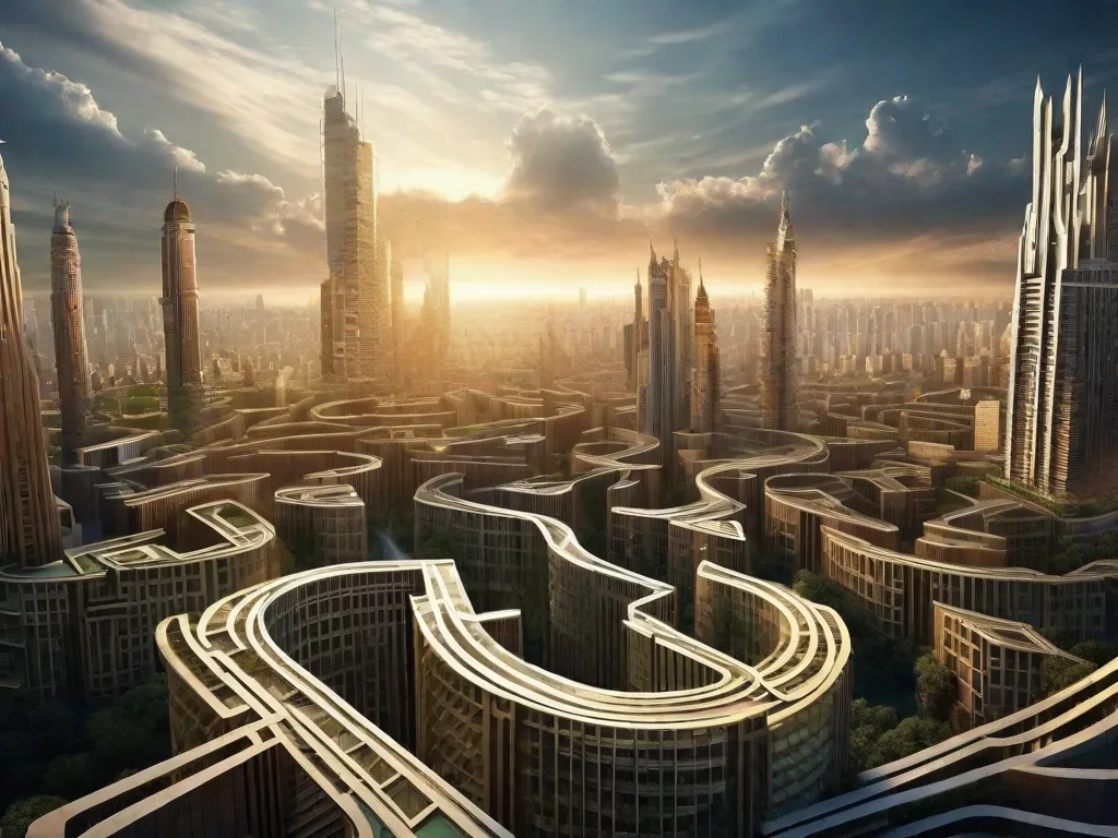 A imagem retrata uma escada semelhante a um labirinto, simbolizando as camadas de sonhos dentro de sonhos no filme 'A Origem'. Cada degrau representa um nível diferente de consciência, levando mais profundamente à mente subconsciente. A imagem captura a complexidade e o fascínio do conceito do filme.