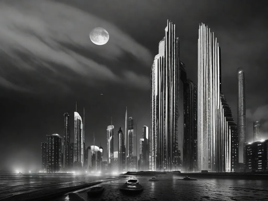 Descrição da imagem: Uma pintura surrealista de Murilo Rubião retrata uma vasta paisagem desértica, com cactos imponentes que possuem rostos humanos e membros alongados. O céu está cheio de objetos flutuantes, como relógios, guarda-chuvas e bules, desafiando a gravidade. No primeiro plano, um homem com cabeça de peixe caminha sobre pernas de pau,