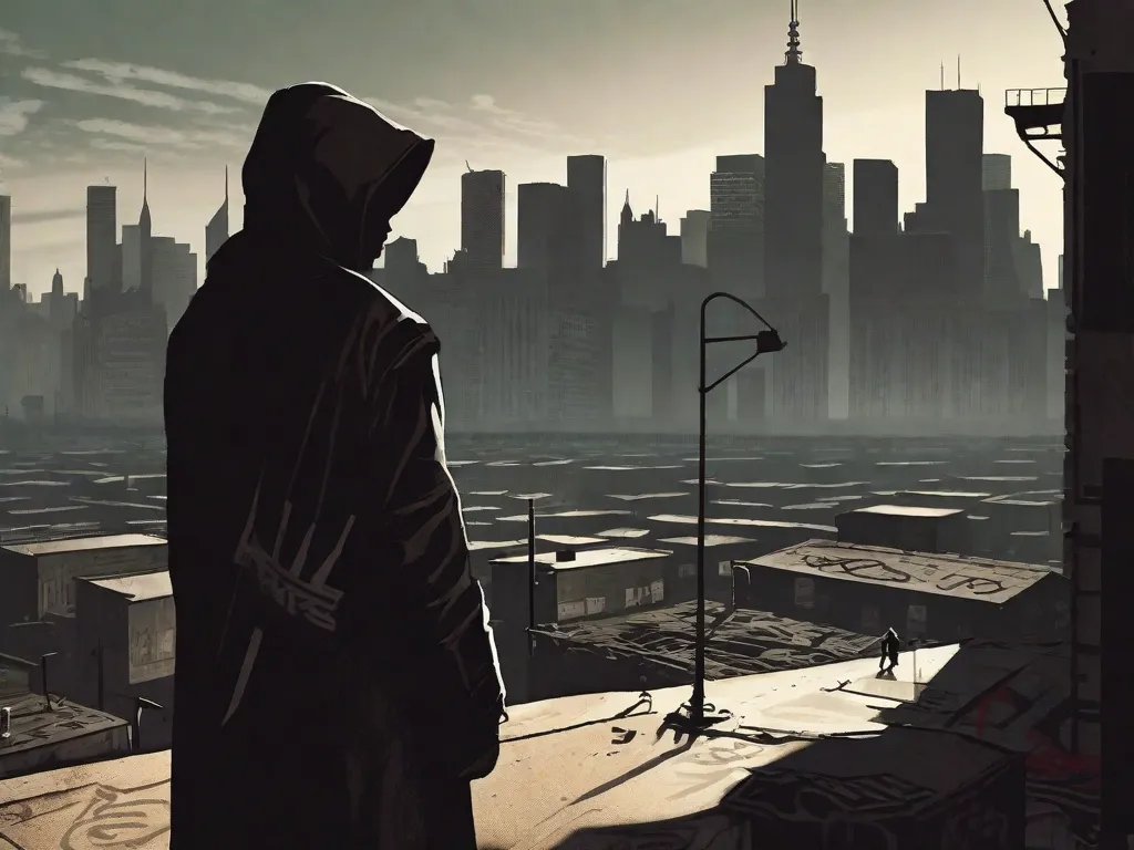Descrição da imagem: Uma paisagem urbana mal iluminada se estende diante de nós, com arranha-céus imponentes lançando longas sombras sobre as ruas desoladas. Os prédios estão cobertos de grafites, retratando símbolos de opressão e resistência. Em primeiro plano, uma figura solitária está de costas para nós, olhando em direção ao horizonte somb