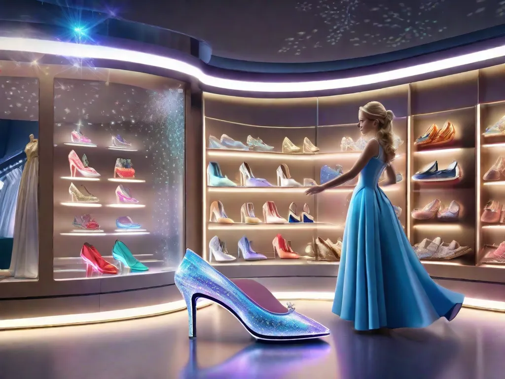 Uma ilustração vibrante retrata Cinderela em uma elegante loja de sapatos de cristal de alta tecnologia, navegando por projeções holográficas de diferentes designs de sapatos. O toque moderno nesse conto de fadas clássico mostra como a tecnologia transformou o mundo dos contos de fadas, mesclando fantasia e modernidade de maneira cativante.
