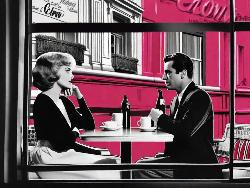 Descrição da imagem: Uma imagem dividida em duas partes mostrando os estilos e temas contrastantes do cinema francês e de Hollywood. No lado esquerdo, uma cena em preto e branco com um casal envolvido em uma conversa profunda em um café em Paris, enfatizando a natureza artística e filosófica do cinema francês. No lado direito, uma cena colorida e cheia de ação de um blockbuster de