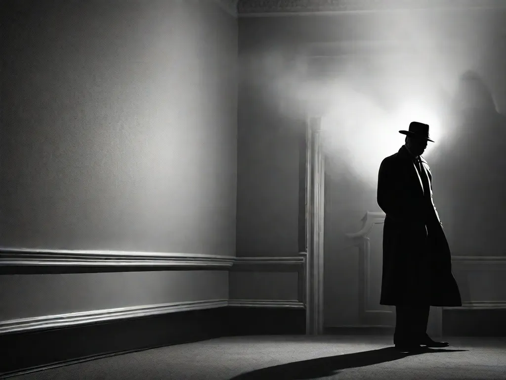 Uma imagem em preto e branco captura a essência do cinema noir. Um quarto enfumaçado, iluminado tenuemente por uma única lâmpada, revela a silhueta de uma figura misteriosa usando um sobretudo. Sombras dançam nas paredes, aumentando o mistério e o fascínio desse gênero clássico.