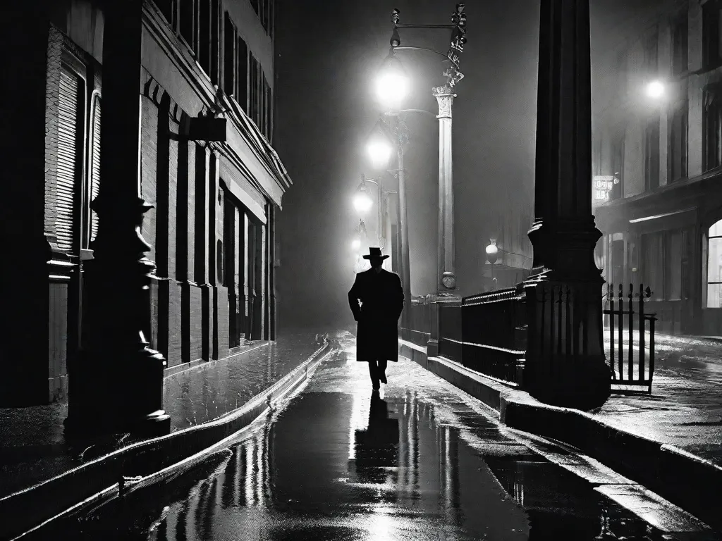 Uma imagem em preto e branco captura a essência do Cinema Noir. As ruas fracamente iluminadas de uma cidade chuvosa são iluminadas pela luz tremeluzente de um único poste de rua. Sombras dançam nas paredes enquanto uma figura misteriosa, vestida com um sobretudo e um chapéu fedora, caminha em direção à câmera, com fumaça girando ao seu redor.