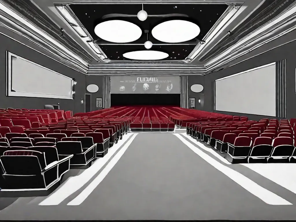 Uma fotografia em preto e branco captura uma sala de cinema fracamente iluminada, com fileiras de assentos vazios de veludo vermelho que levam a uma grande tela. A imagem transmite uma sensação de nostalgia e antecipação, simbolizando a evolução do cinema de arte, desde as obras icônicas de Fellini até a vibrante narrativa de Almodóvar.