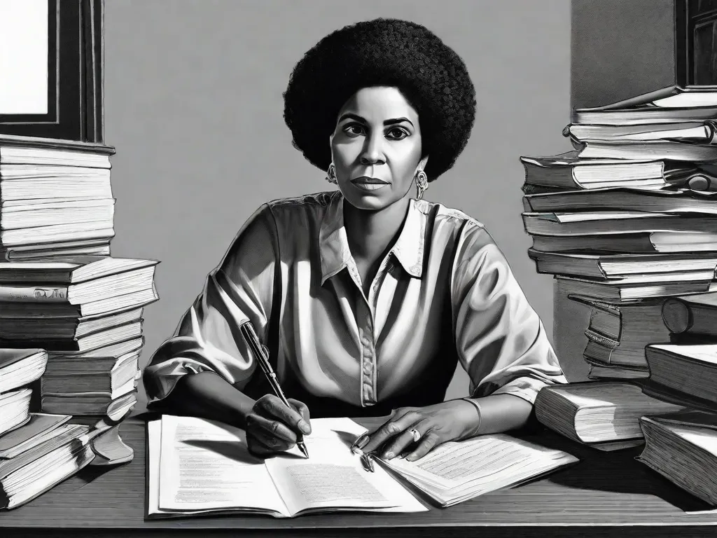 Descrição da imagem: Uma fotografia em preto e branco de Conceição Evaristo, uma renomada escritora afro-brasileira, sentada em uma mesa com uma caneta na mão. A imagem captura sua profunda concentração, cercada por pilhas de livros e papéis, refletindo sua habilidade literária e o poder de suas palavras escritas.