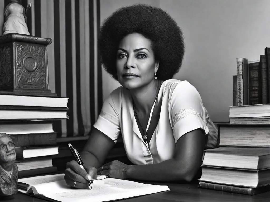 Descrição da imagem: Uma fotografia em preto e branco de Conceição Evaristo, uma renomada escritora afro-brasileira, sentada em sua mesa com uma caneta na mão. A imagem captura sua profunda concentração, cercada por livros e papéis, simbolizando sua significativa contribuição para a literatura afro-brasileira.