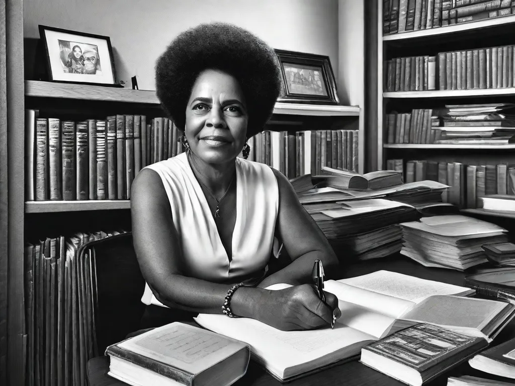 Descrição da imagem: Uma fotografia em preto e branco de Conceição Evaristo, uma renomada escritora afro-brasileira, sentada em sua mesa com uma caneta na mão. A imagem captura sua profunda concentração, cercada por livros e papéis, simbolizando sua significativa contribuição para a literatura afro-brasileira.